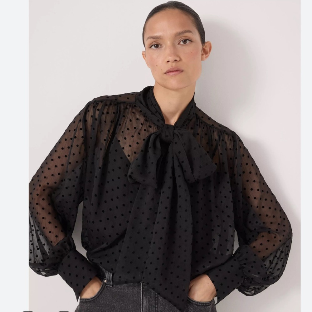 H&M Sheer Black Polka Dot Blouse with Bow Tie